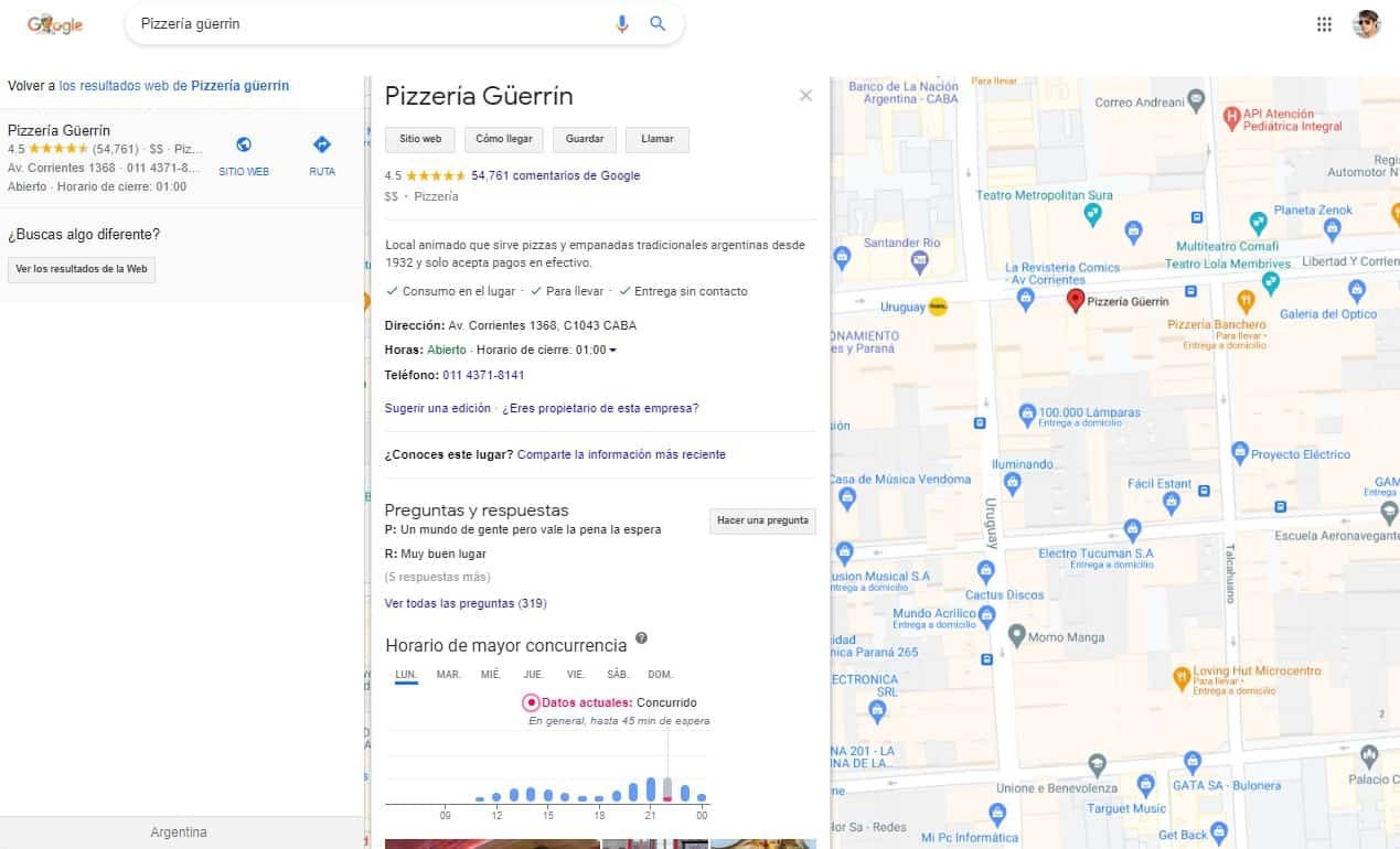 buscando la pizzería GÜERRÍN en Google
