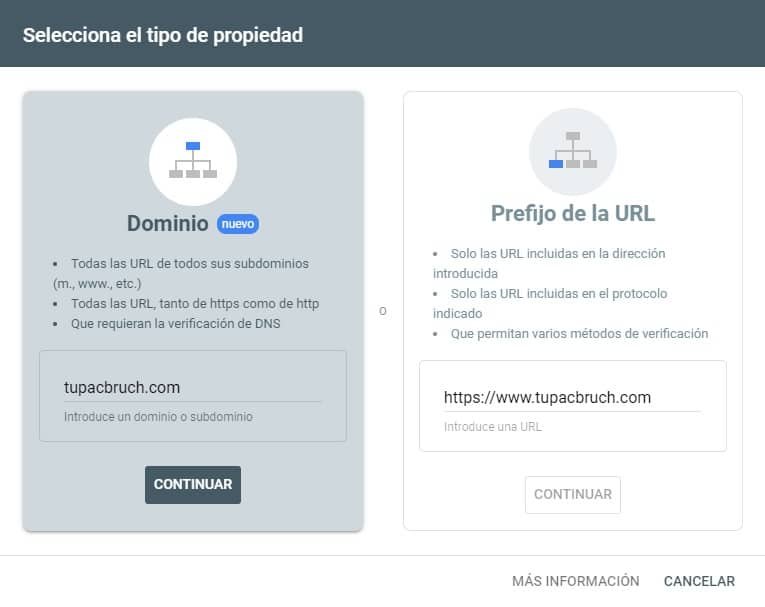 Tipo de propiedad en Google Search Console