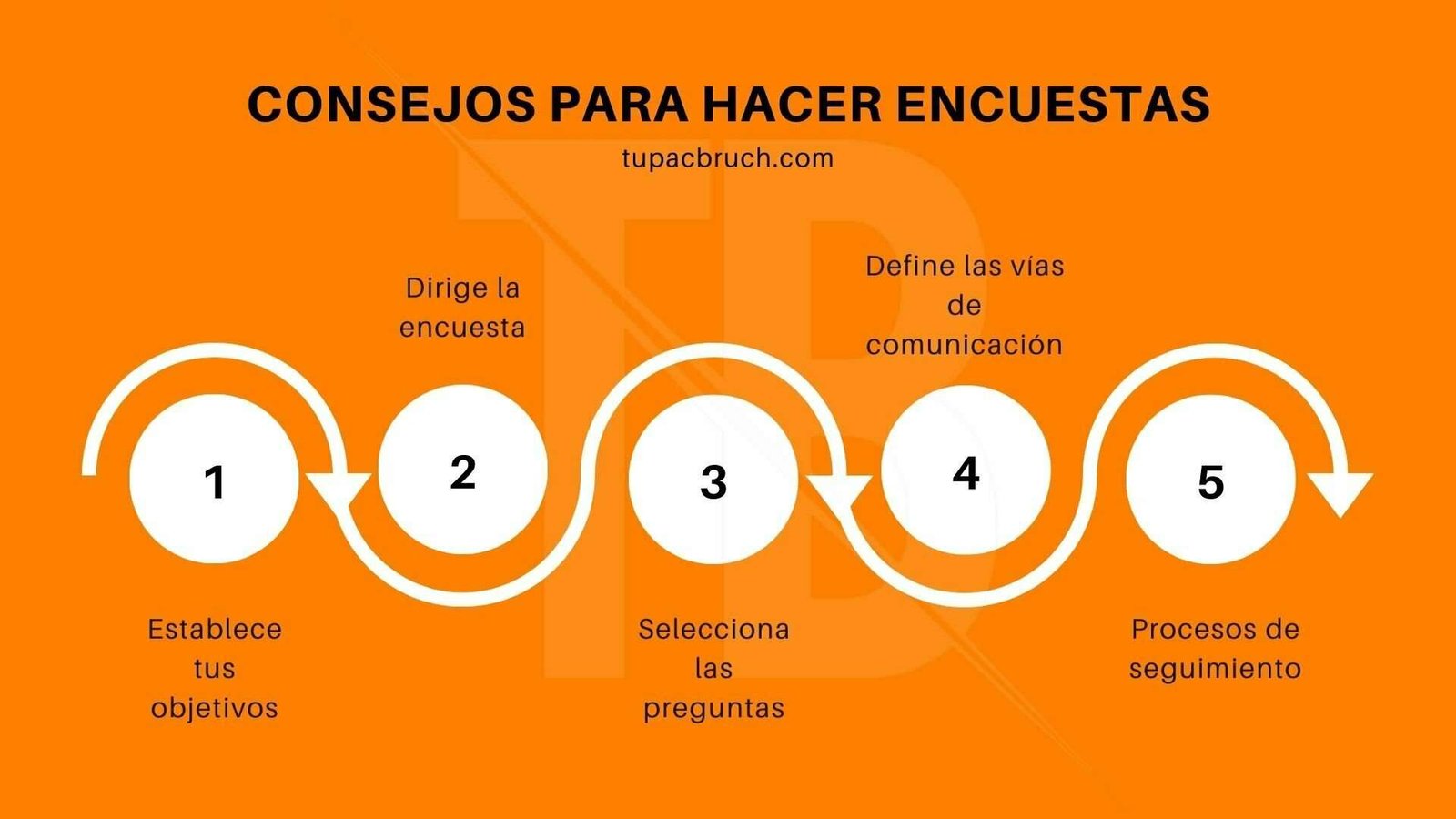 Consejos para hacer encuestas:
Establecer tus objetivos.
Dirige la encuesta.
Selecciona las preguntas.
Define las vías de comunicación.
Procesos de seguimiento.