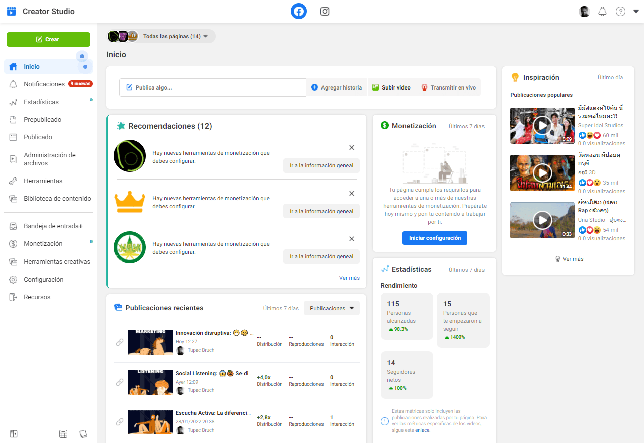 Página de inicio en gestor de contenido de facebook.