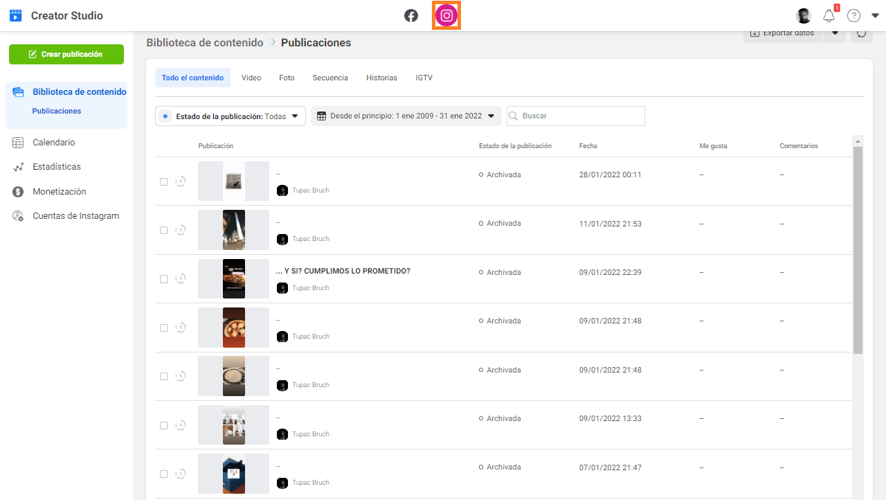 Menú de instragram creator studio.