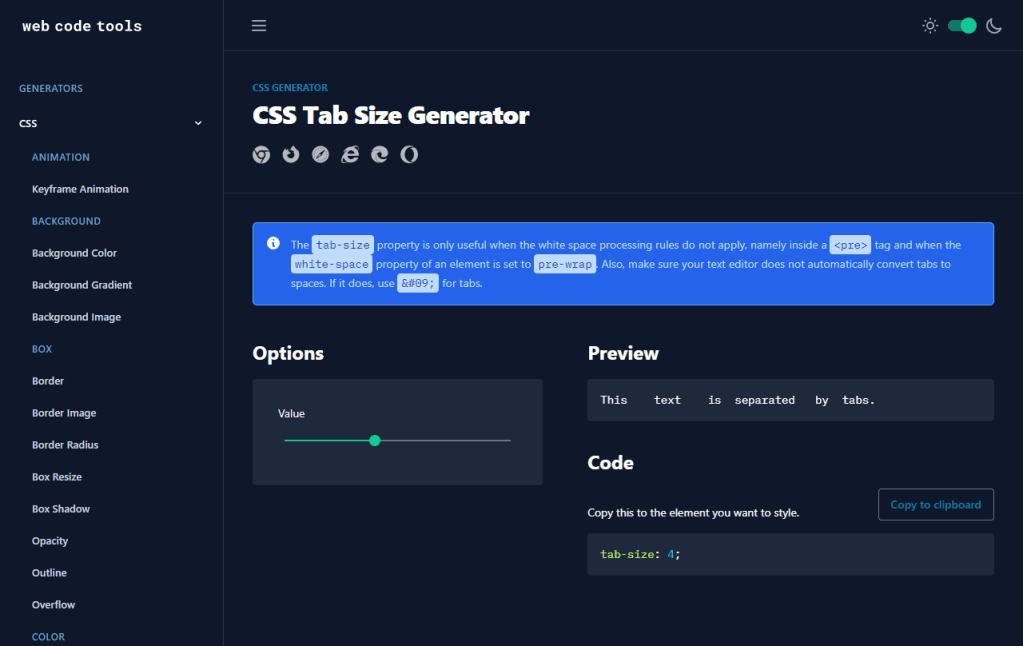 Ejemplo de CSS donde editamos el espaciado con el código tab-size.