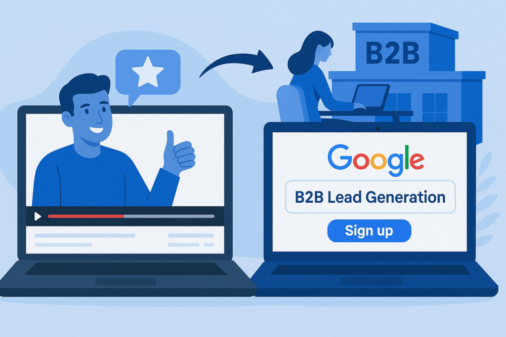 Ilustración de estrategia Brandformance: en la izquierda, un video de testimonio de cliente en YouTube (branding); a la derecha, una campaña de generación de leads en Google Ads dirigida a una empresa B2B (performance).