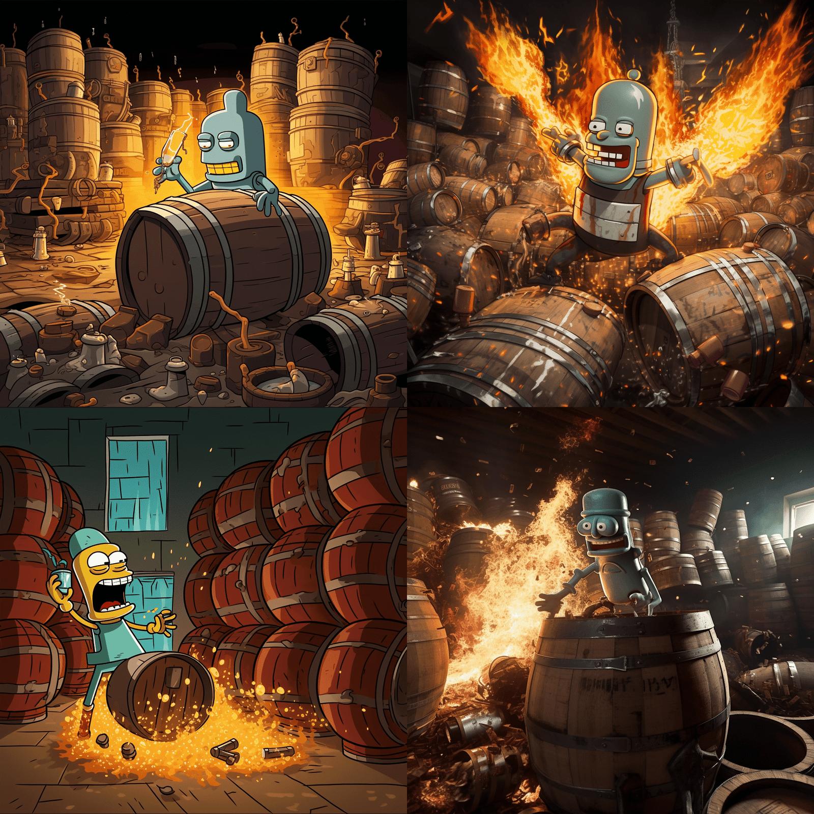 Bender generado con midjourney con barriles explosivos de cerveza. ideas para vender cerveza. Tupac Bruch.