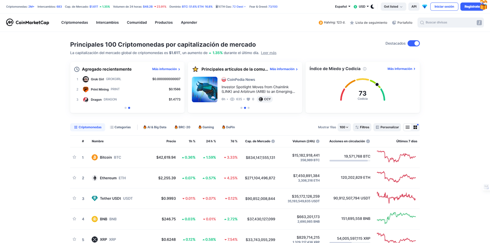 CoinMarketCap es similar a los anteriores, pero se especializa en criptomonedas.