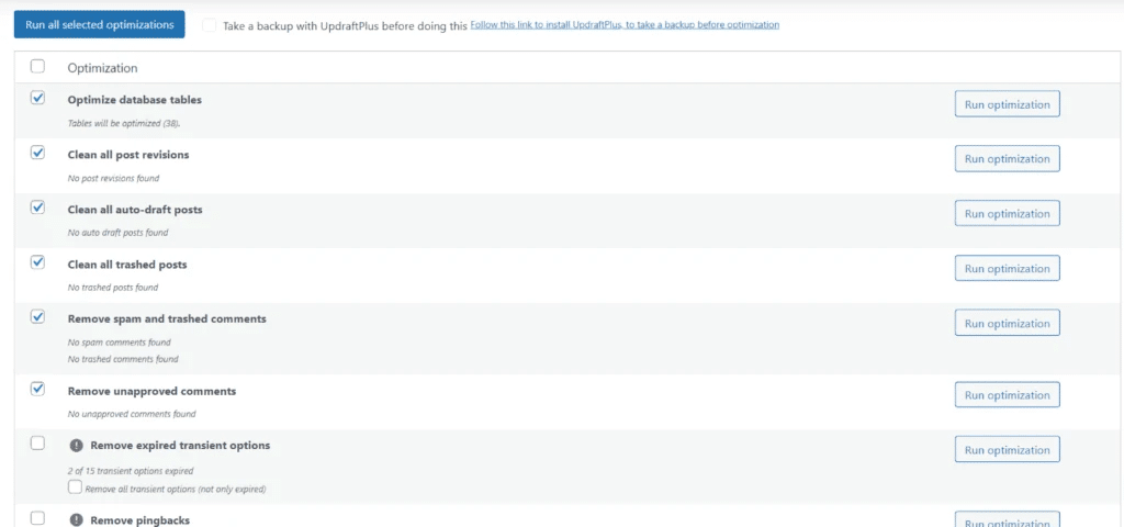 limpieando la base de datos con wp-optimize