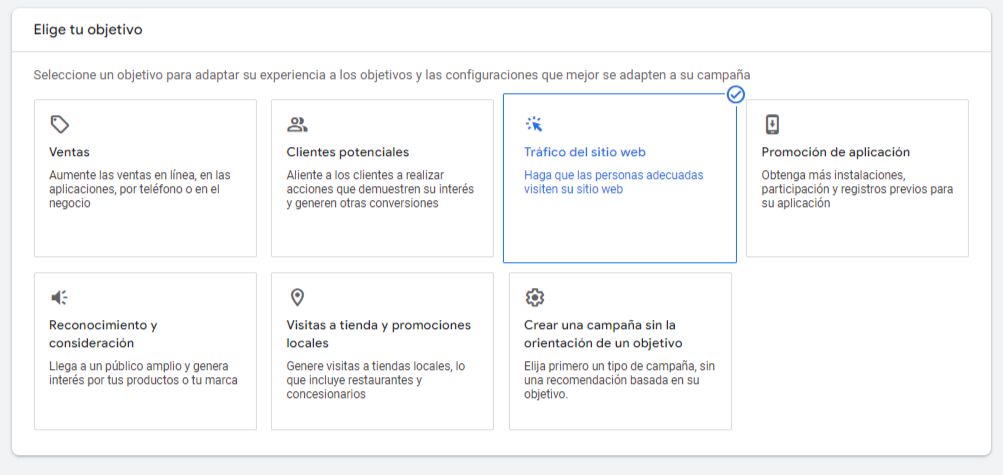 Ejemplo de campaña de SEM con objetivo de generar tráfico web desde Google Ads.