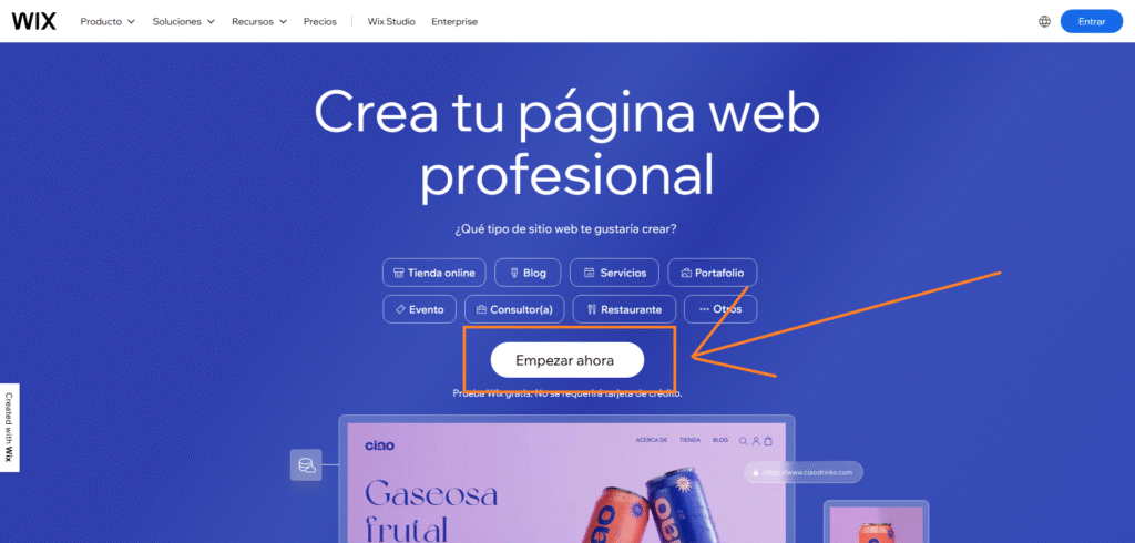 Regístrate en wix