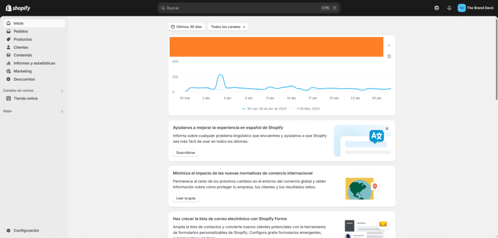 ejemplo de dashboard en shopify