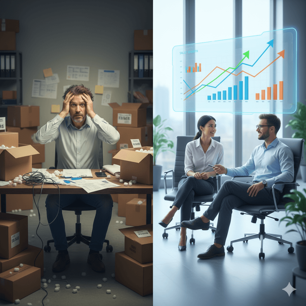 Una imagen conceptual dividida. Un lado muestra a un empresario estresado, rodeado de cajas y papeles. El otro lado muestra a un equipo de agencia tranquilo, analizando gráficos de datos positivos en una pantalla