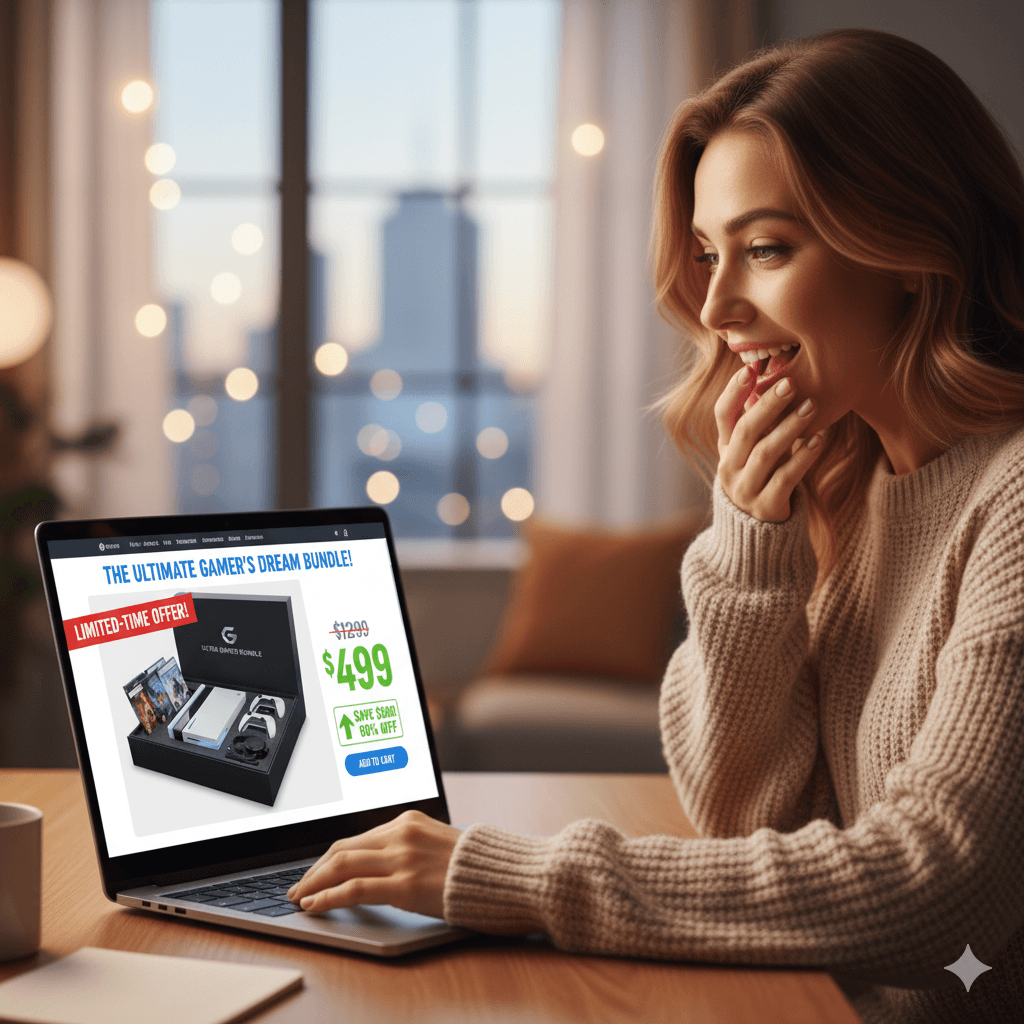 Una imagen de un cliente interactuando con un sitio web de e-commerce que muestra claramente una oferta de bundle, con un titular llamativo y el precio de ahorro resaltado