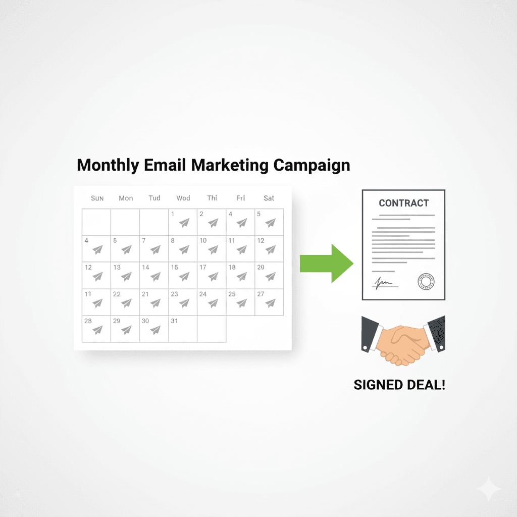 Un calendario de un mes, donde cada día tiene un pequeño ícono de email enviado. Al final del mes, una flecha apunta a un contrato firmado o un apretón de manos.