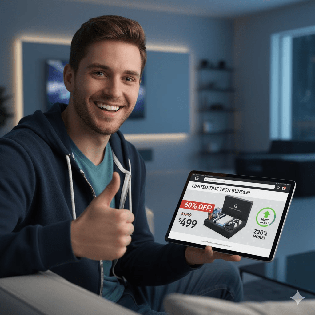 una persona sonriendo y mostrando un gesto de aprobación al ver una oferta, o un gráfico que represente un aumento en el valor de la compra gracias a un bundle