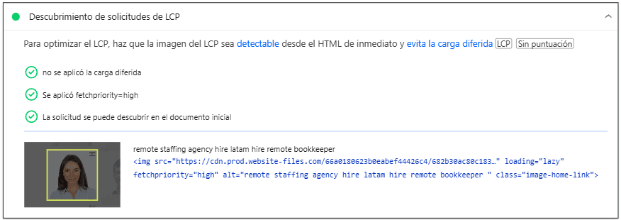 rme de PageSpeed con el elemento LCP optimizado (imagen de perfil), mostrando las tres métricas en verde: 'no se aplicó la carga diferida', 'se aplicó fetchpriority=high', y 'la solicitud se puede descubrir en el documento inicial'